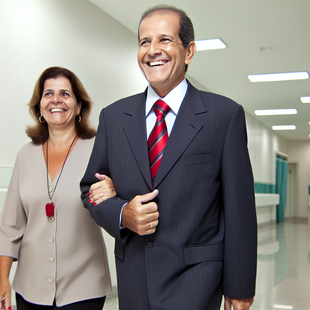 homem brasileiro de alta renda, de meia idade, contente, caminhando com esposa em ambiente hospitalar