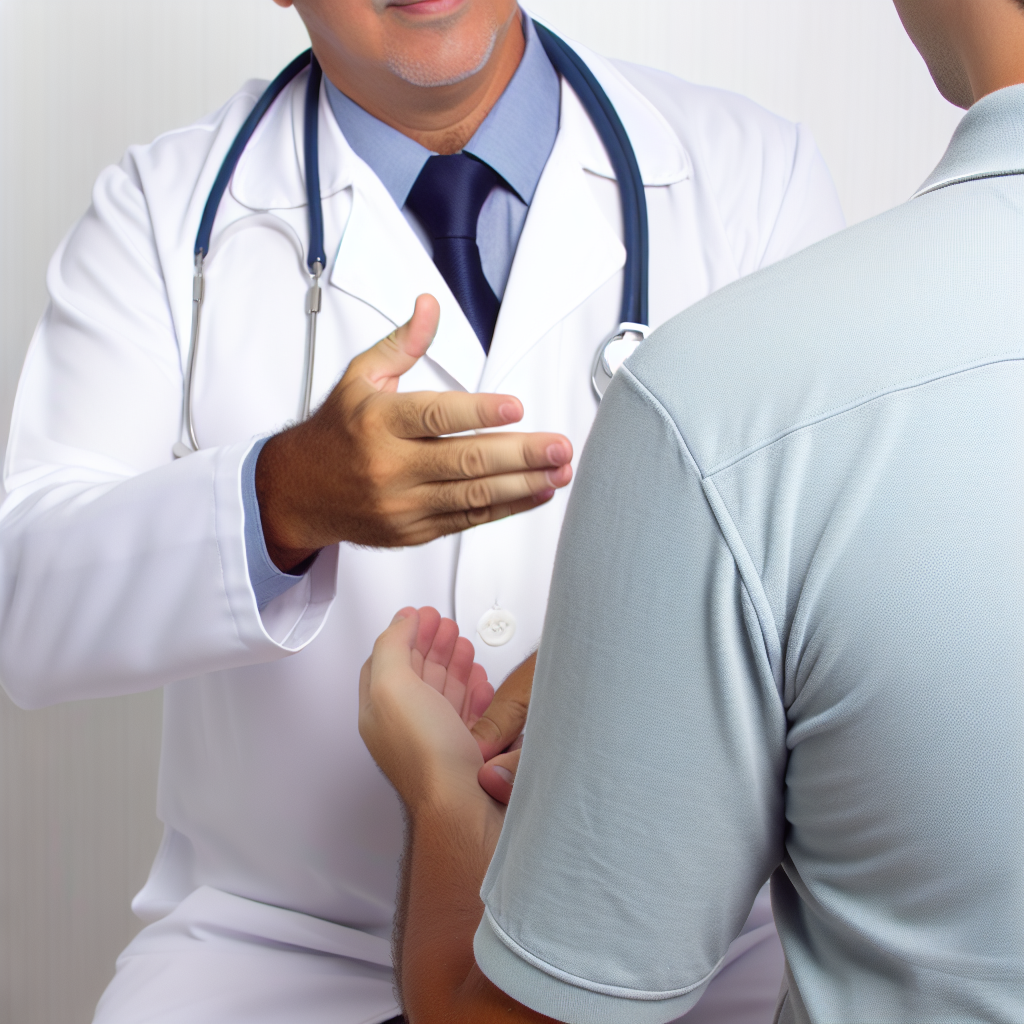 medico homem brasileiro com camisa orientando paciente com camisa azul clara