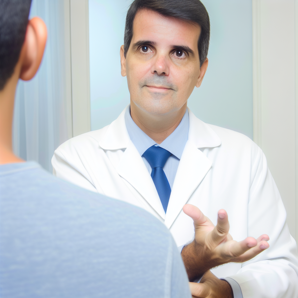 medico homem brasileiro orientando paciente com camisa azul clara