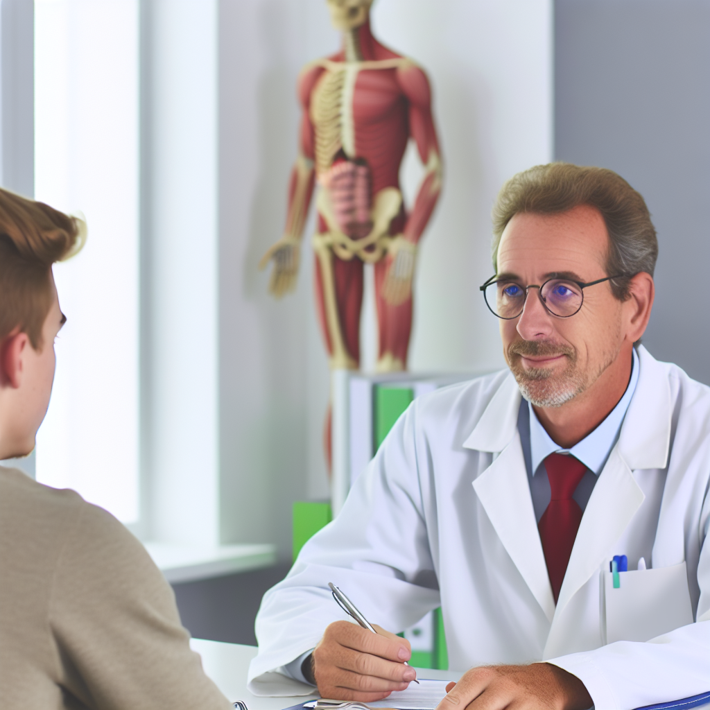 uma fotografia de alta definição de um homem adulto branco em atendimento com médico em um consultório de alto padrao