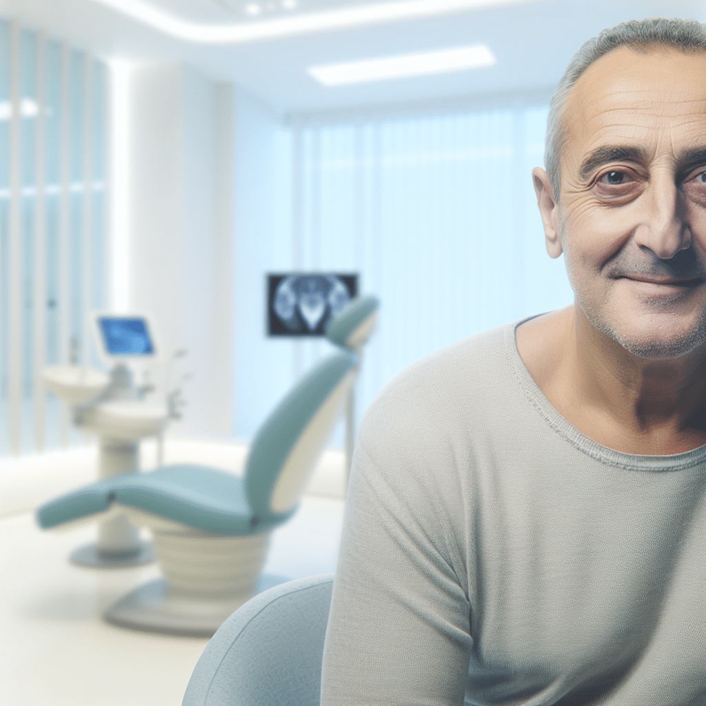 homem adulto com sorriso discreto em clinica urológica